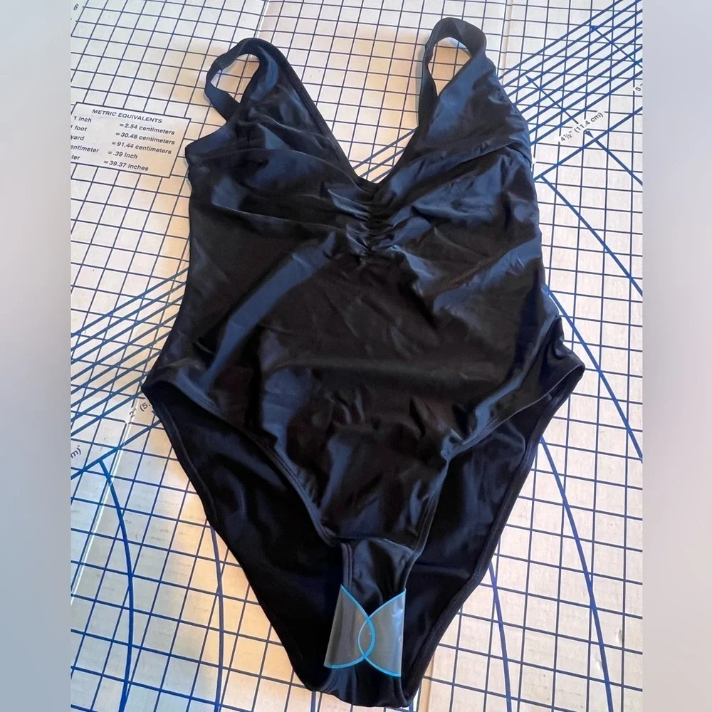 NWOT ASOS SWIM SZ 14 BLACK HI CUT CHEEKY GATHERED DETAIL AT BUST WIDE STRAPS